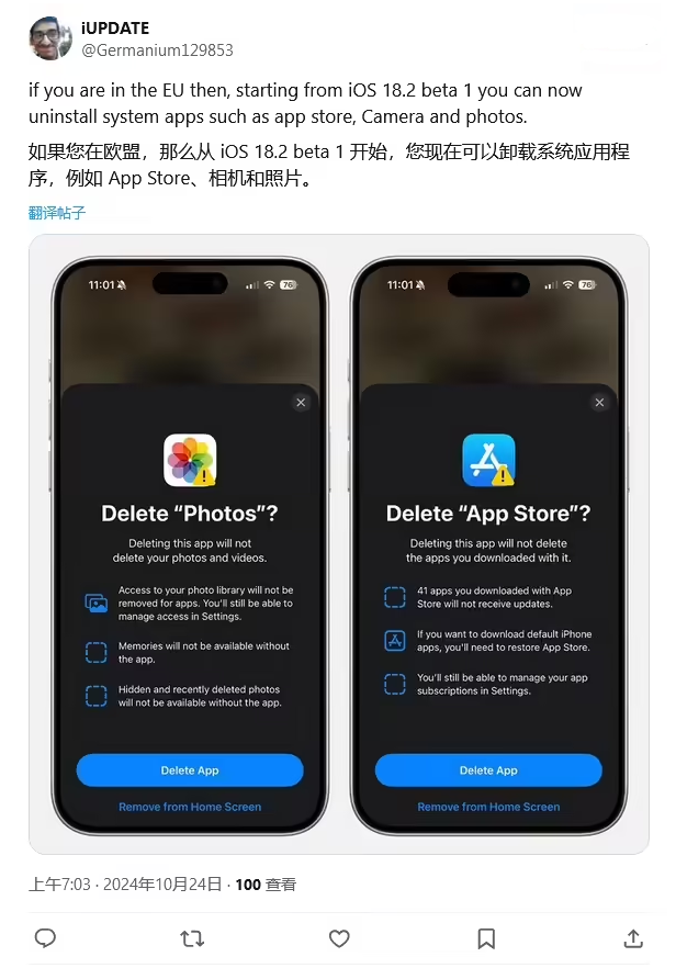 青山湖苹果手机维修分享iOS 18.2 支持删除 App Store 应用商店 