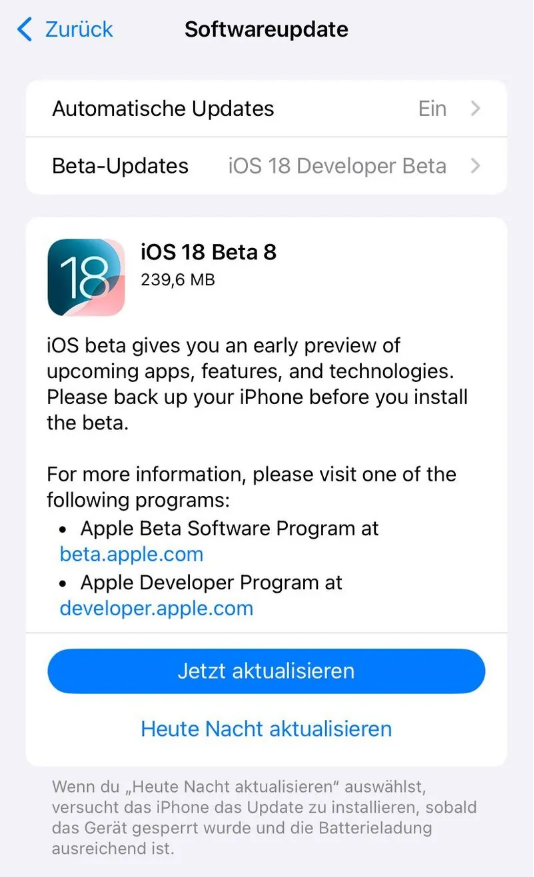 青山湖苹果手机维修分享苹果 iOS / iPadOS 18 开发者预览版 Beta 8 发布 